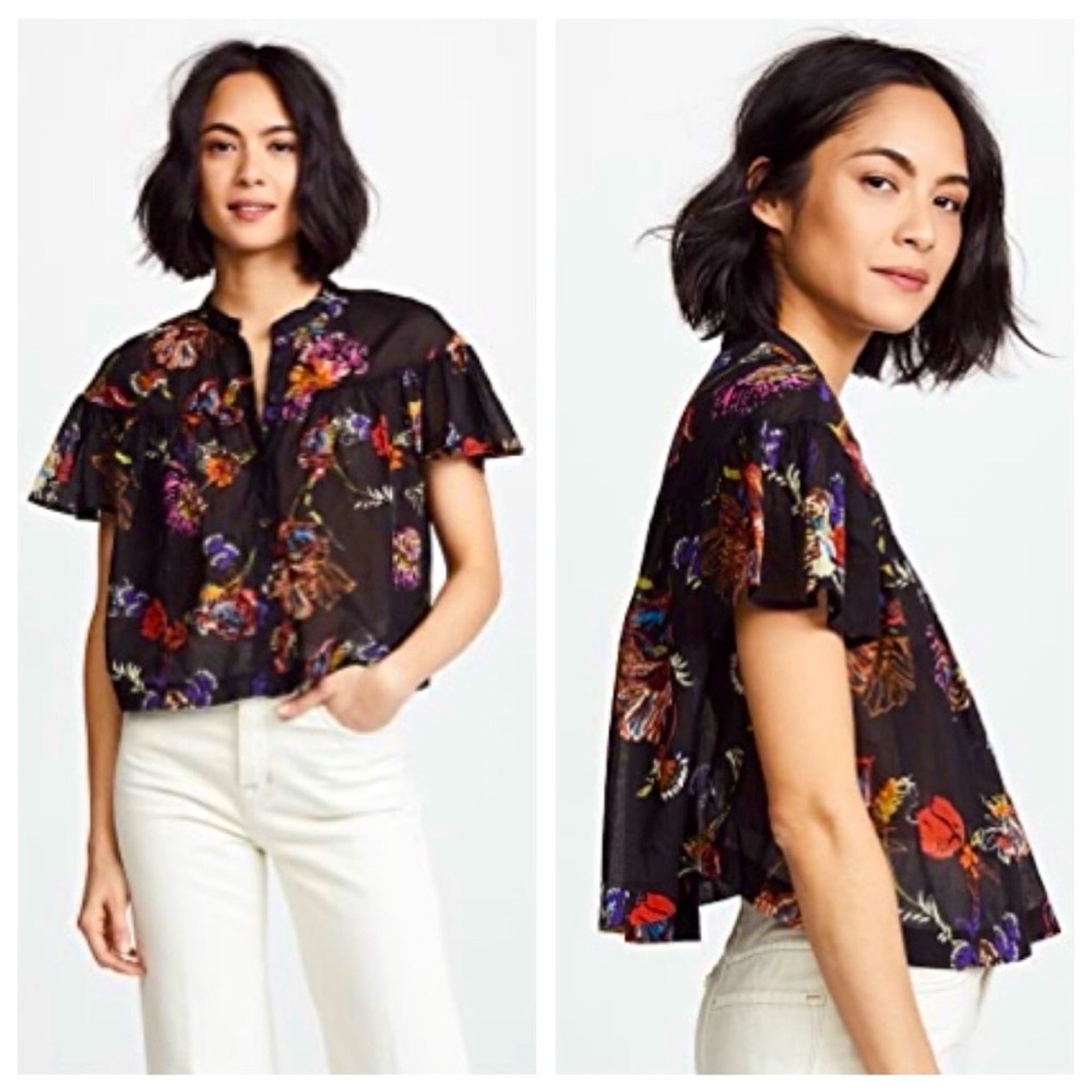 Free People Sweet Escape Black Floral Sheer Button Cropped Cotton Blouse Size S
